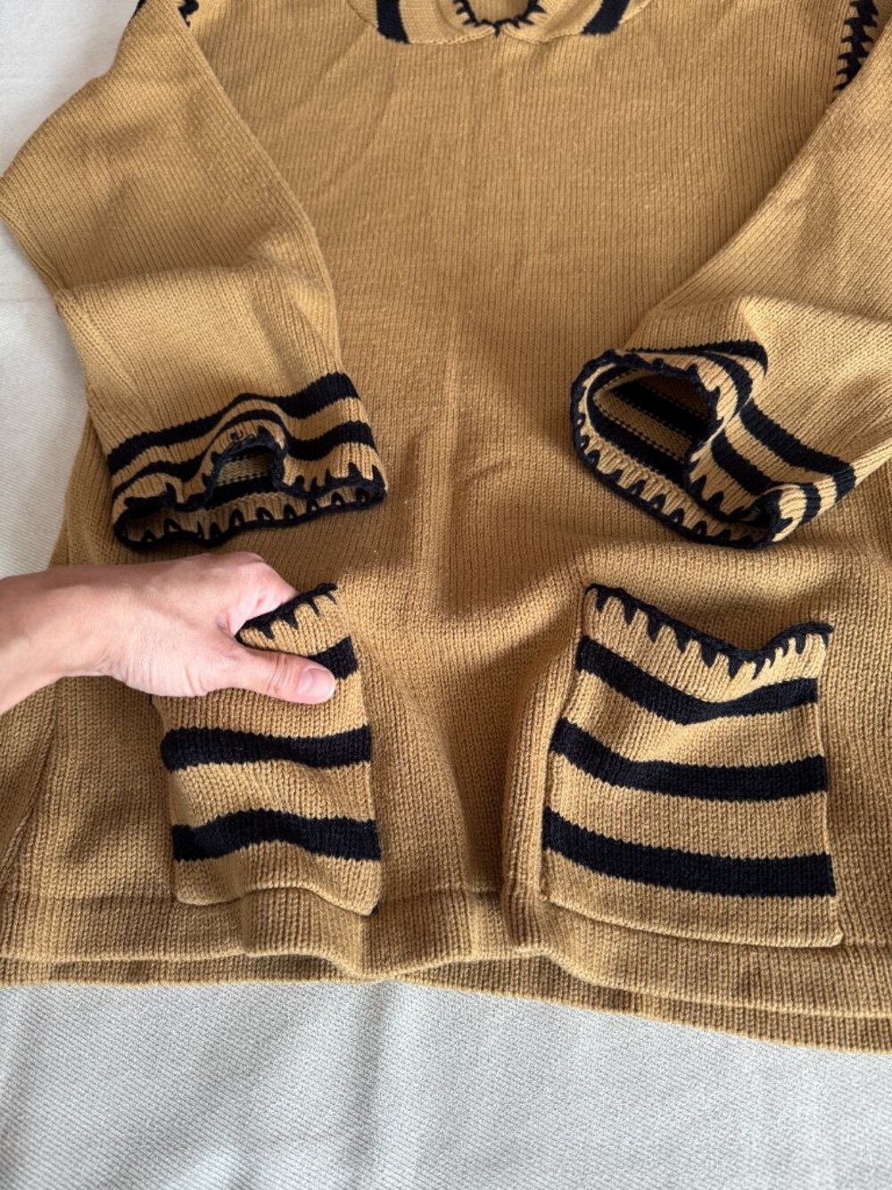 Knit Sweater Camel Tan Black Striped 70s Vintage Zado - Picture 8 of 16